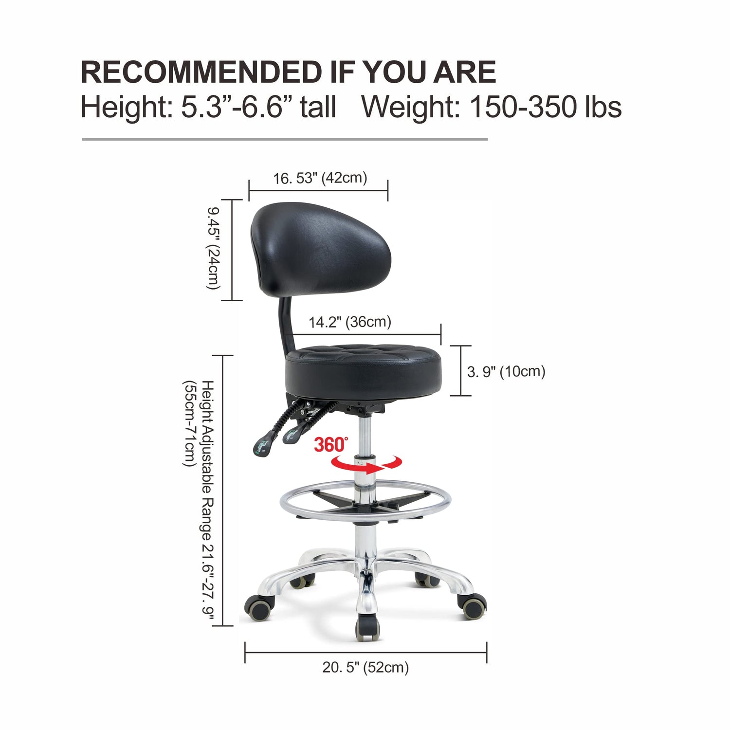 Grace & Grace Height Adjustable Rolling Swivel Tall Stool Chair with Back Support,Heavy Duty Stool with Wheels for Salon,Massage, Factory, Shop,Work Grace&Grace