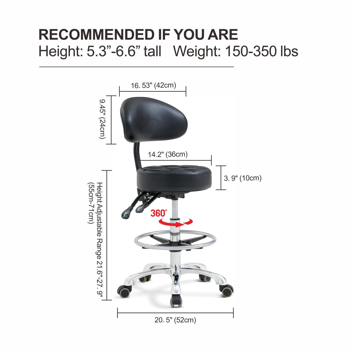 Grace & Grace Height Adjustable Rolling Swivel Tall Stool Chair with Back Support,Heavy Duty Stool with Wheels for Salon,Massage, Factory, Shop,Work Grace&Grace