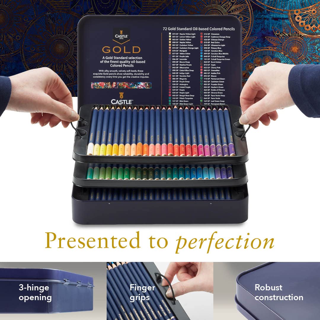  Castle Art Supplies Gold Standard 120 Coloring Pencils Set, Quality Oil-based Colored Cores Stay Sharper, Tougher Against Breakage, For Adult Artists, Colorists