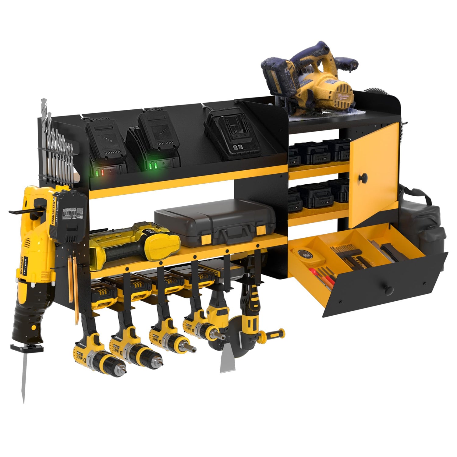 GDLF Heavy Duty Power Tool Organizer with Charging Station, Extra Large Wall Mount Garage Organizer with Battery Organization Cabinet & Drawer GDLF