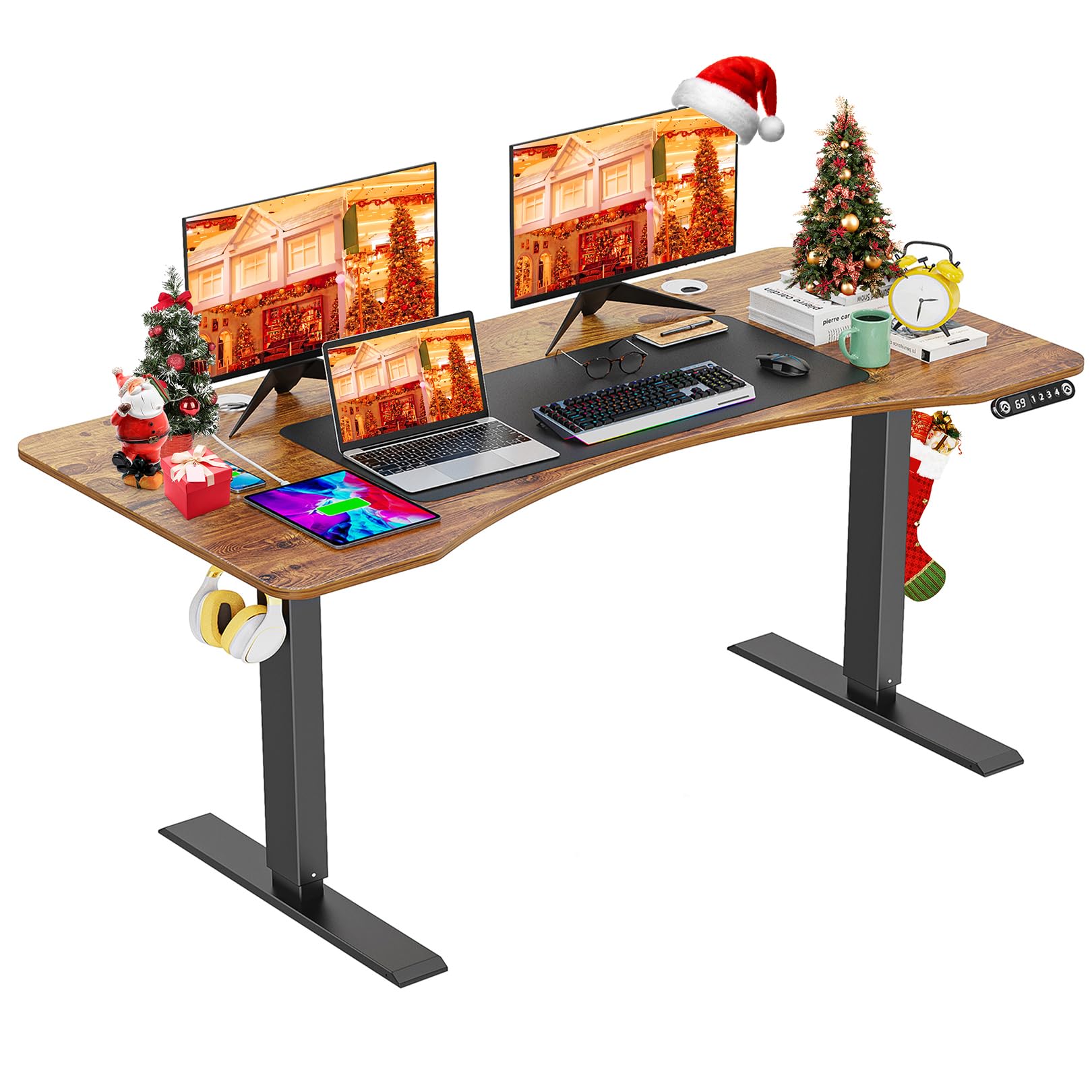 55 x 24 Inch Electric Standing Desk Adjustable Height, Sit-Stand Desk with Four Preset Heights， Ergonomic Curved Desktop, Double Crossbeam Structure, - WoodArtSupply