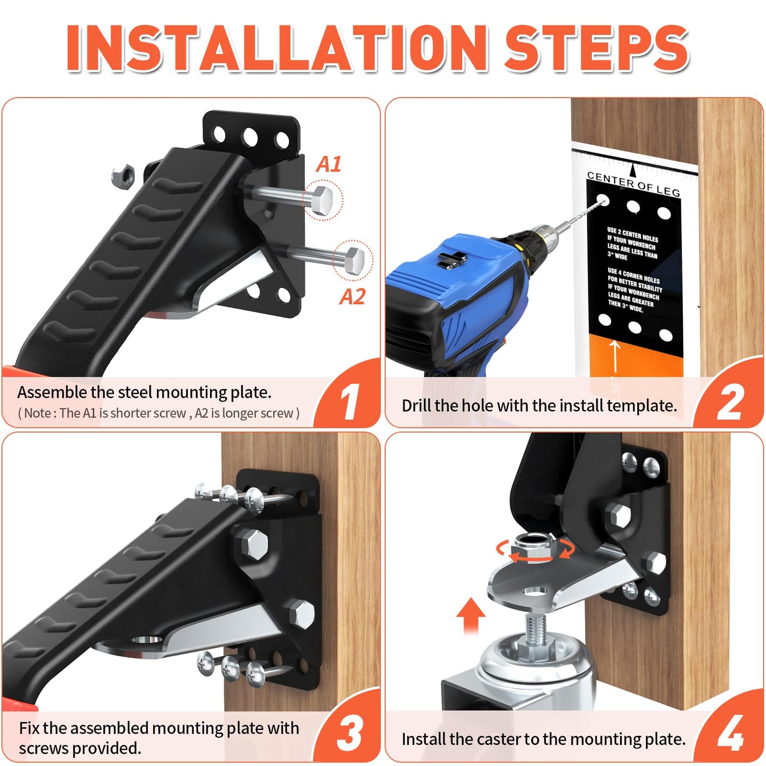 SPACEKEEPER Workbench Casters kit 920 Lbs Retractable Casters Heavy Duty Bench Caster Wheels Side Mounted Retractable Workbench Wheels Designed for SPACEKEEPER