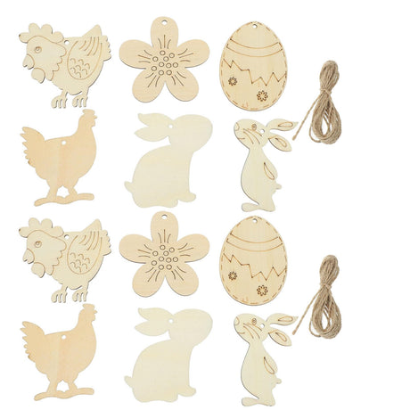 KALLORY 60pcs Unfinished Wood Easter Ornaments Bunny Egg Chick Flower Cutouts with Holes Wooden Gift Tags Wood Slices Easter Wood Chips for Easter KALLORY