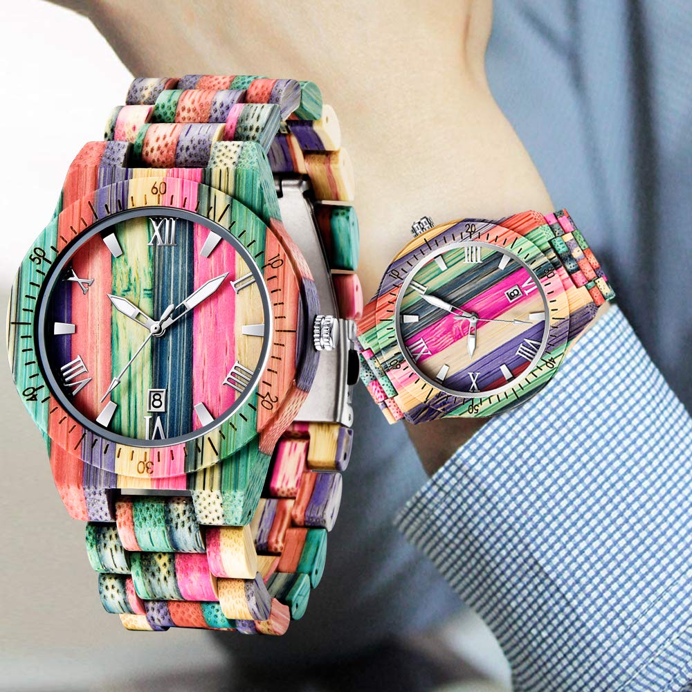 Tiong Brand Wooden Watches Mens with Handmade Colorful Bamboo Wood Watch Analog Date Quartz Wooden Watch for Men Tiong