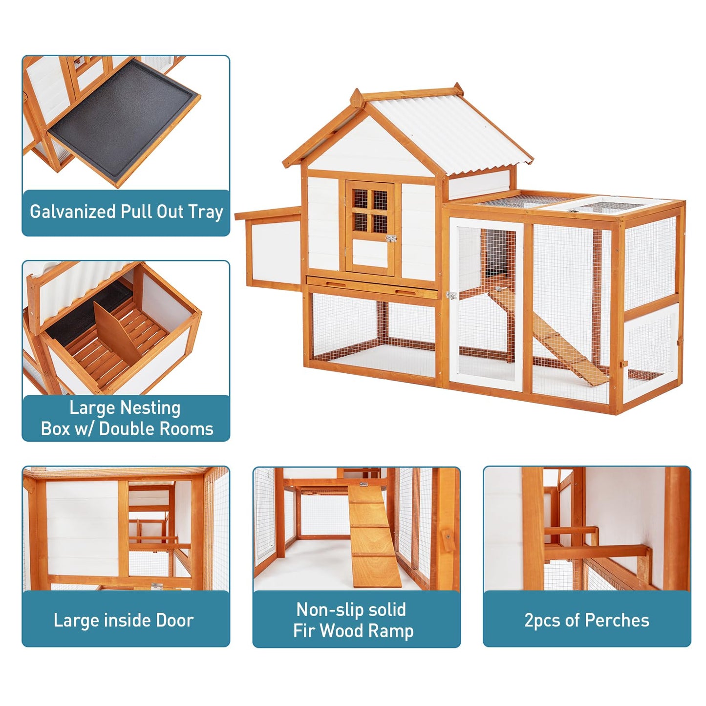 PioneerWorks Outdoor Chicken Coop Wooden Hen House with Run, Poultry Cage w/Ramps, Nesting Box, 5 Access Areas, Wire Fence, Removable Bottom for Easy - WoodArtSupply