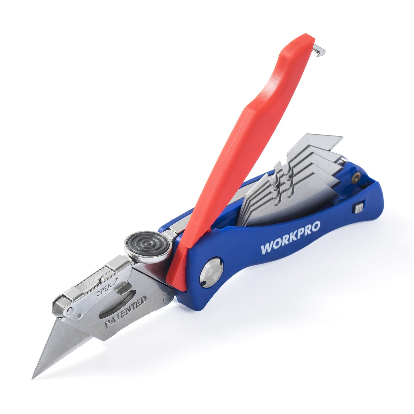 WORKPRO Folding Utility Knife, Quick-Change Box Cutter, Blade Storage in Handle with 5 Extra Blades Included - WoodArtSupply