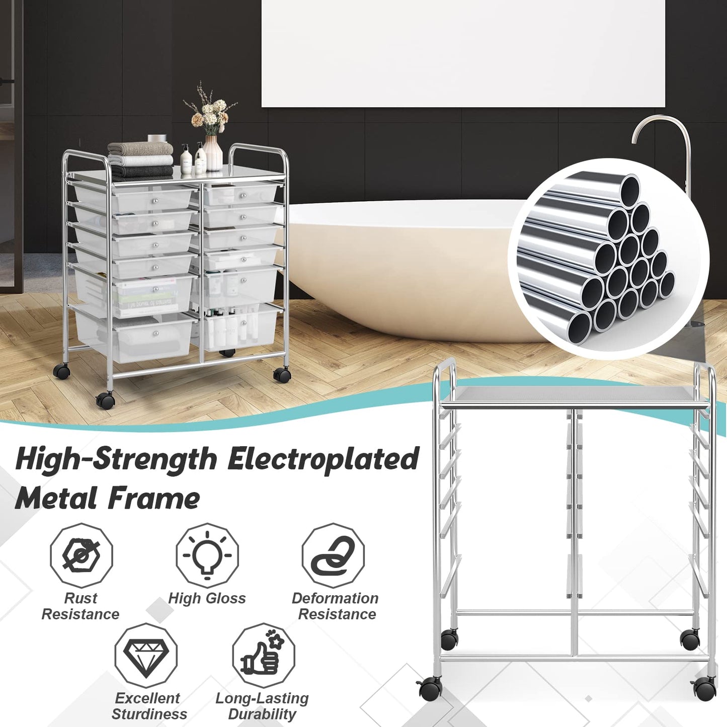 COSTWAY 12-Drawer Rolling Storage Cart, Moveable Art Craft Organizer W/Lockable Wheels, Metal Shelf, Files Arrangement Tools Makeup Storage Cart for - WoodArtSupply