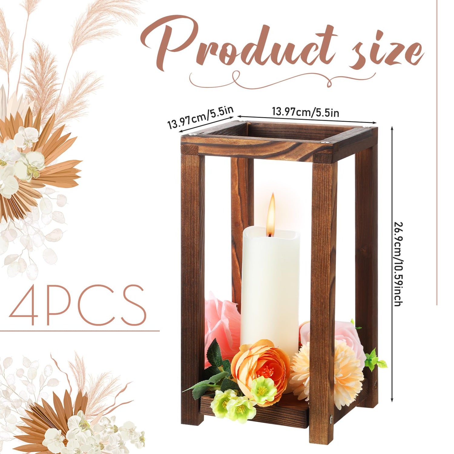 Geetery 4 Pcs Decorative Wedding Wood Lantern Candle Holders for Table Centerpiece Rustic Wooden Wedding Table Decoration Country Barn Farmhouse Geetery