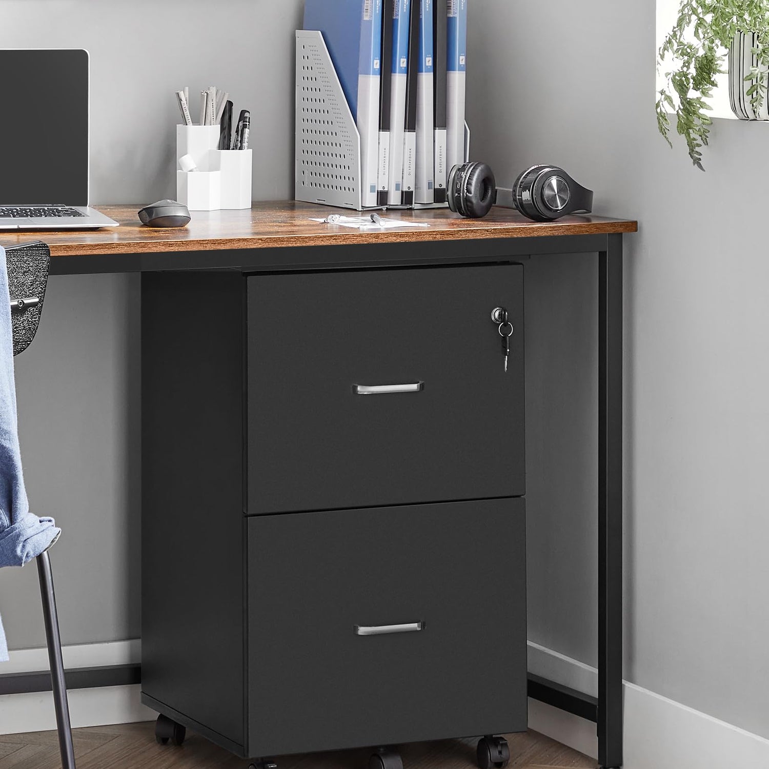 VASAGLE 2-Drawer File Cabinet, Locking Wood Filing Cabinet for Home Office, Small Rolling File Cabinet, Printer Stand, for A4, Letter-Size Files, VASAGLE