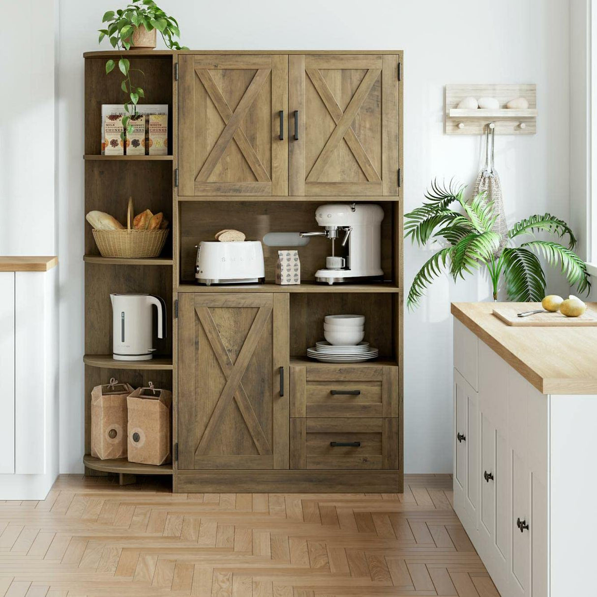 HOSTACK 60.4" Farmhouse Kitchen Pantry Storage Cabinet, Freestanding Hutch with Doors & Shelves, Buffet Sideboard with Microwave Stand, Coffee Bar HOSTACK