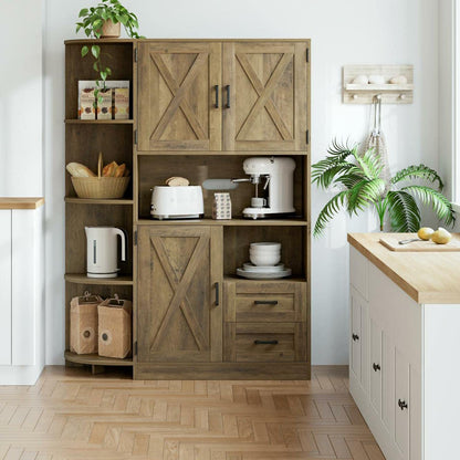 HOSTACK 60.4" Farmhouse Kitchen Pantry Storage Cabinet, Freestanding Hutch with Doors & Shelves, Buffet Sideboard with Microwave Stand, Coffee Bar
