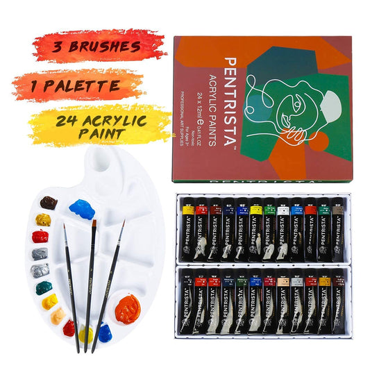 PENTRISTA Acrylic Paint,24 Colors Artist Quality Acrylic Paint Set, 12ml/Tube with 3 Art Brushes & 1 Palette for Artists,Beginners and Kids,Non-Toxic - WoodArtSupply