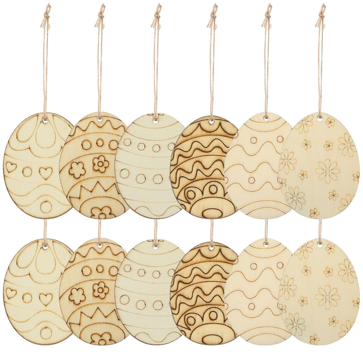 VILLCASE 60pcs Easter Egg Wooden Cutout Unfinished Wood Slice DIY Paint Crafts Hanging Embellishment with Ropes for Kids Painting Easter Party VILLCASE