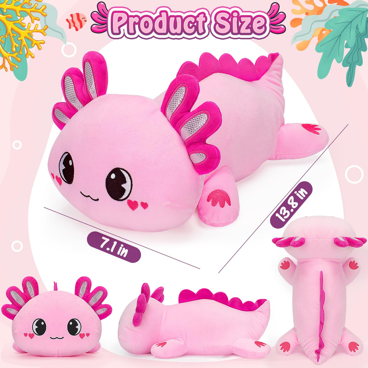Officygnet Axolotl Plush, 13" Soft Stuffed Animal Plush Toy, Cute Axolotl Plush Pillow, Kawaii Plushies Dolls for Kids, Pink Axolotl Gift for Girls Officygnet