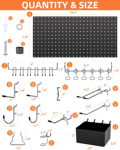 INCLY 158PCS Metal Pegboard Wall Organizer, 48x24 Inch Black Pegboard Panels Tool Organizer Kit with Accessories Hooks and Bins, Peg Board Utility - WoodArtSupply