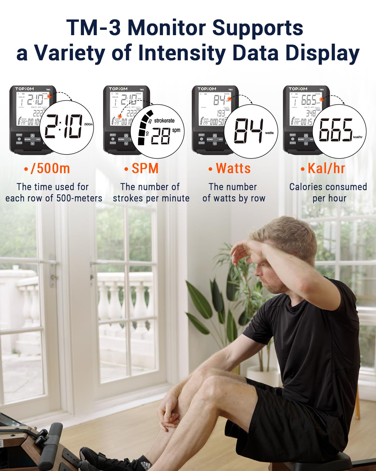 TOPIOM Water Rowing Machine with TM-3 Performance Monitor, 400 lbs Max Load, Oak Wood Rower Machine TOPIOM