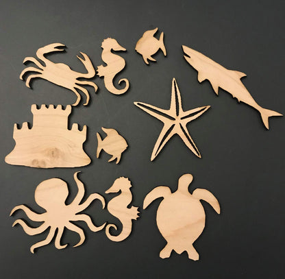 14-Pack Sea Life Beach Ocean Decor Wall Unfinished Wood Cutout Crafts Shapes Cut Outs Sea Turtle, Mermaid, Palm Tree, - WoodArtSupply