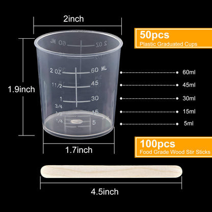 Coopay 50 Pack 60ml/2oz Plastic Graduated Cups Transparent Scale Cups Clear Epoxy Mixing Cups with 100 Pack Wooden Stirring Sticks for Resin, Epoxy, - WoodArtSupply