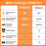 FOREVTL Rivet Nut Tool - Heavy Duty 16” Rivnut Tool with 13 Metric & SAE Mandrels, 150 PCS Rivet Nut Kit, Threaded Nutsert Tool in Blow Molded Carry FOREVTL