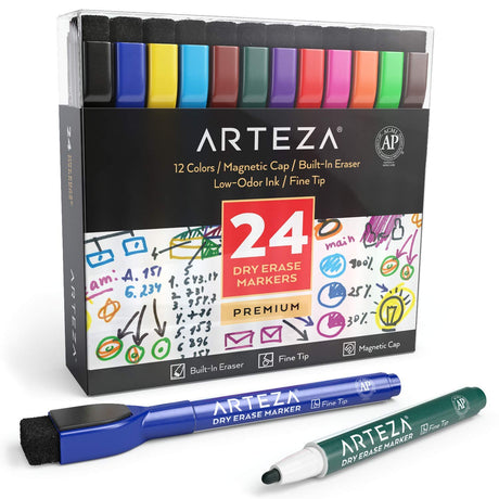 ARTEZA Fine Tip Dry Erase Markers with Eraser, Pack of 24 Low Odor Magnetic Dry Erase Pens, 12 Assorted Colors Whiteboard Markers, Homeschool ARTEZA