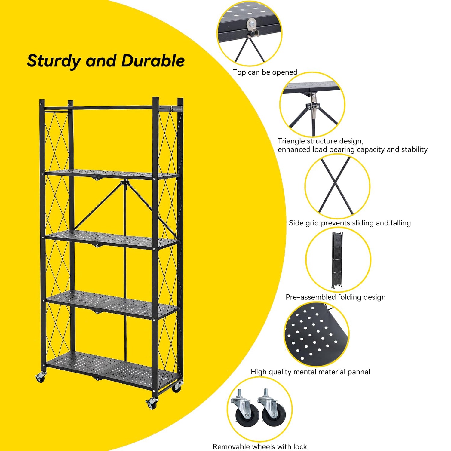 BRIAN & DANY 5-Tier Foldable Storage Shelves with Wheels, Folding Metal Rack Shelving Unit, Heavy Duty No Assembly Organizer Shelf for Garage, BRIAN & DANY