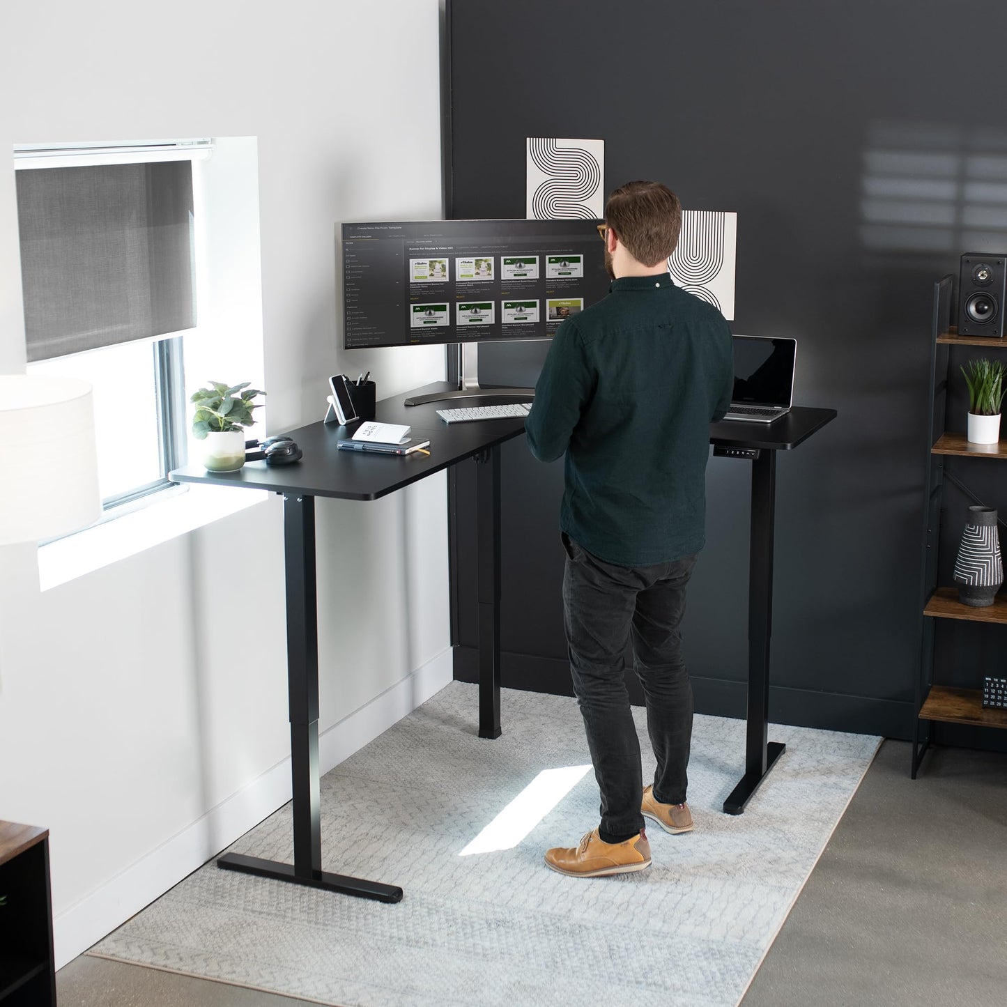 VIVO Electric Height Adjustable 63 x 55 inch Corner Stand Up Desk, Black Table Top, Black Frame, L-Shaped Standing Workstation, 3CT Series,
