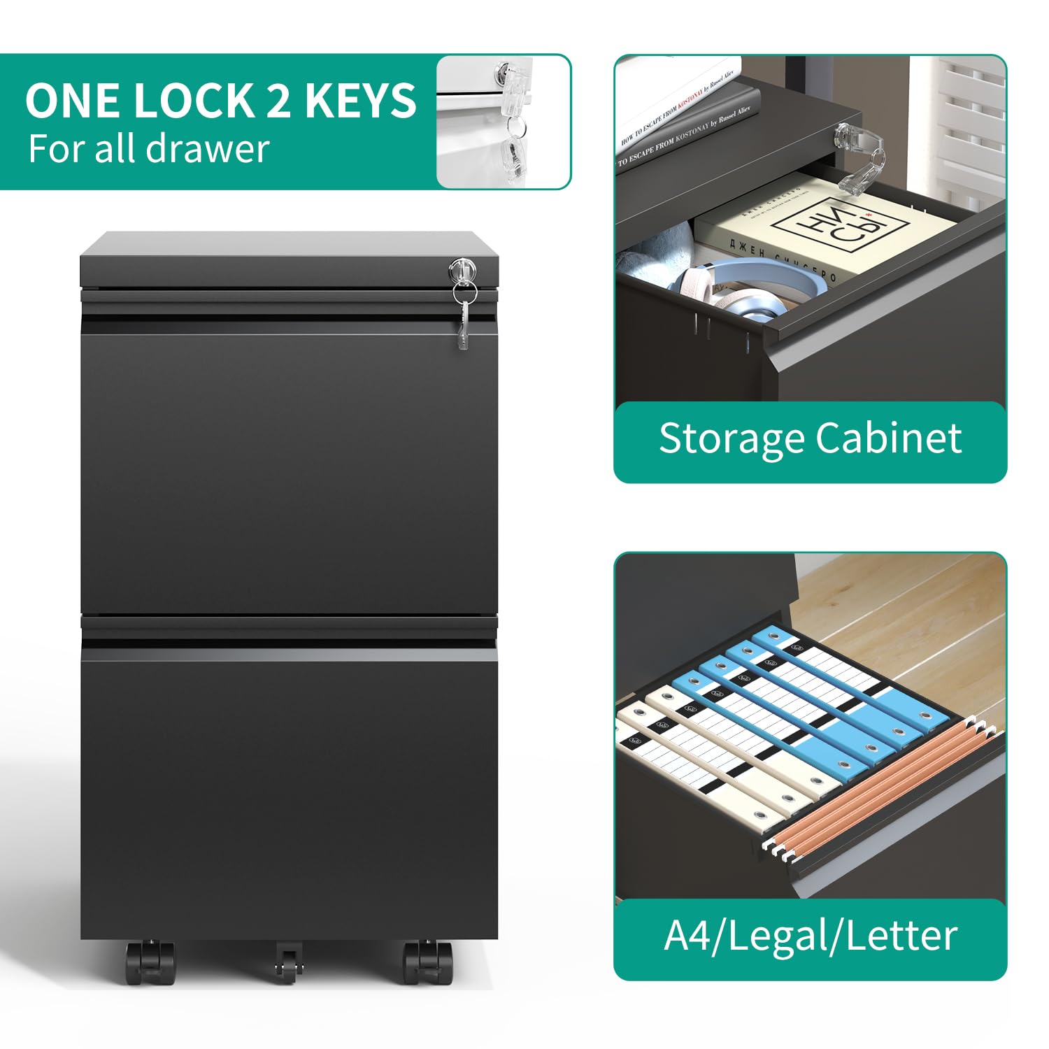 VIYET 2 Drawer Mobile File Cabinet with Lock,Under Desk Metal Filing Cabinet for Home Office,Steel Small Rolling File Cabinet with 2 Keys for VIYET