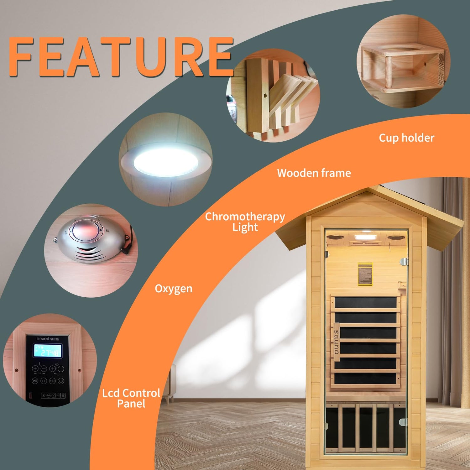 Zugoni 1 Person Outdoor Far Infrared Sauna，Canadian Hemlock Wood Home Indoor Sauna 1400W Dry Sauna Personal Room with Bluetooth Speakers, LED Lamp, Zugoni