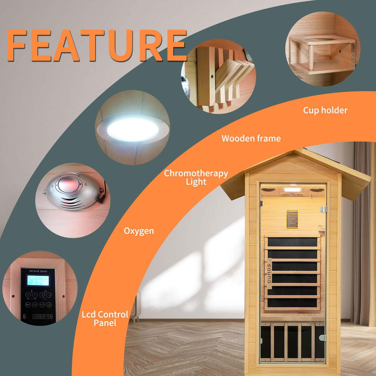 Zugoni 1 Person Outdoor Far Infrared Sauna，Canadian Hemlock Wood Home Indoor Sauna 1400W Dry Sauna Personal Room with Bluetooth Speakers, LED Lamp, Zugoni