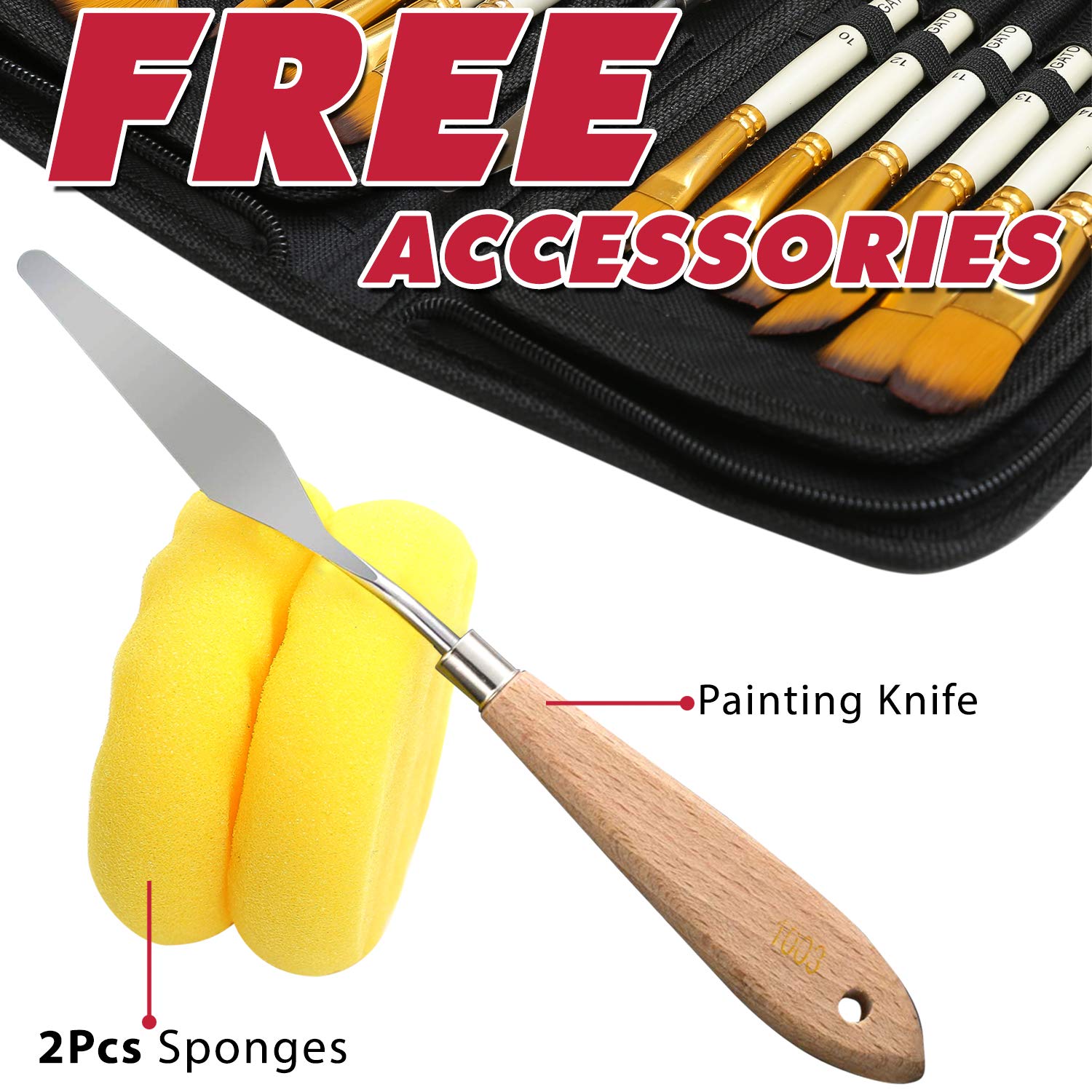 DUGATO Artist Paint Brush Set 15pcs Includes Pop-up Carrying Case with Painting Knife and 2 Sponges for Acrylic, Oil, Watercolor, Art, Scale Model, DUGATO