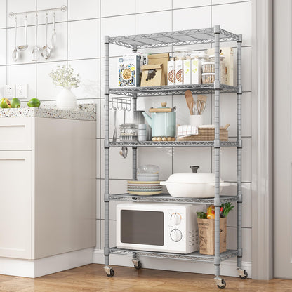 Homdox 5 Tier Adjustable Rolling Storage Shelves, Heavy Duty Wire Storage Racks and Shelving, Metal Shelves for Storage with Side Hooks for Pantry - WoodArtSupply