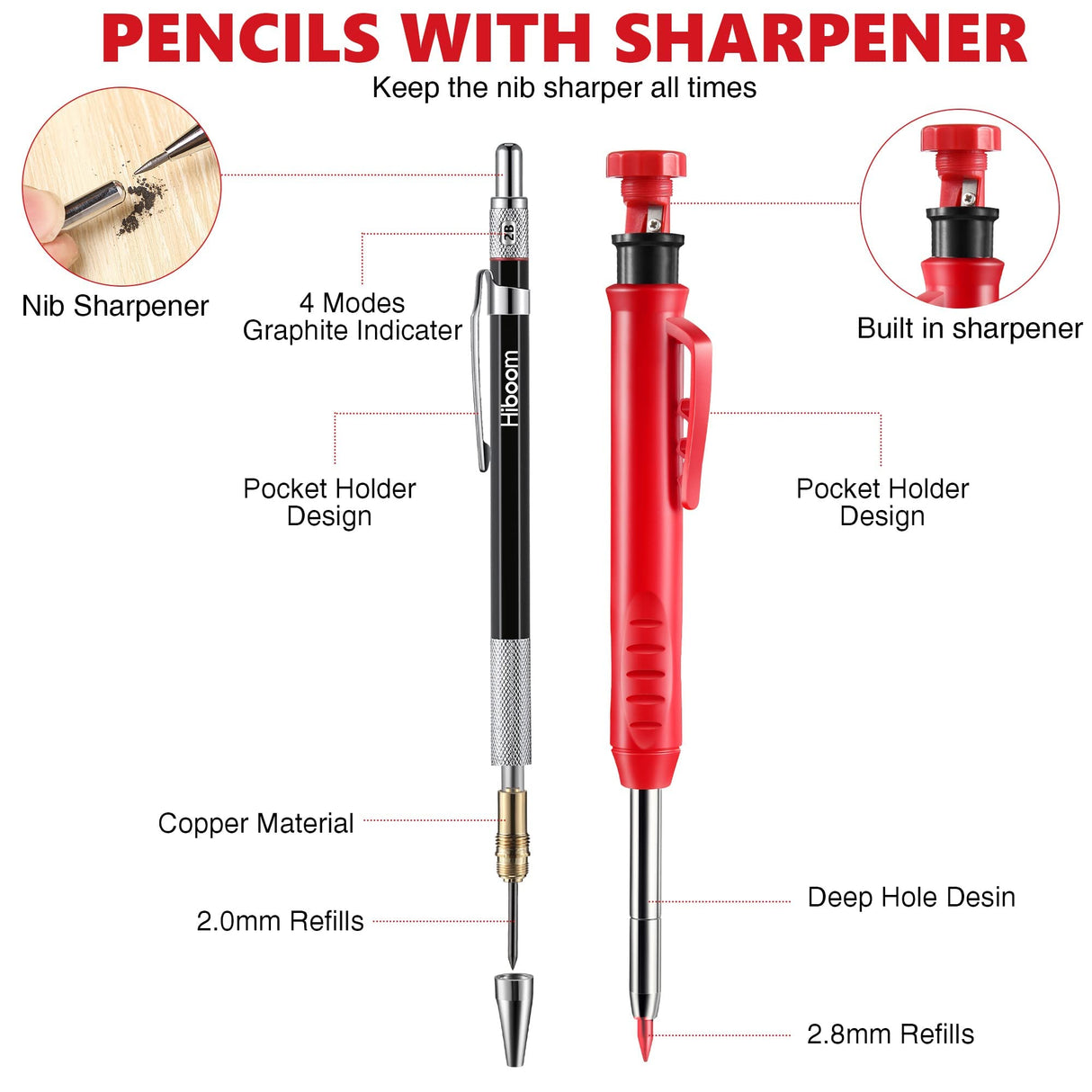 Hiboom 10 Pack Carpenter Pencil Set, 4 Colorful Solid Carpenter Pencils with Sharpener and Refills, Automatic Center Punch, Carbide Scribe Tool Kit Hiboom