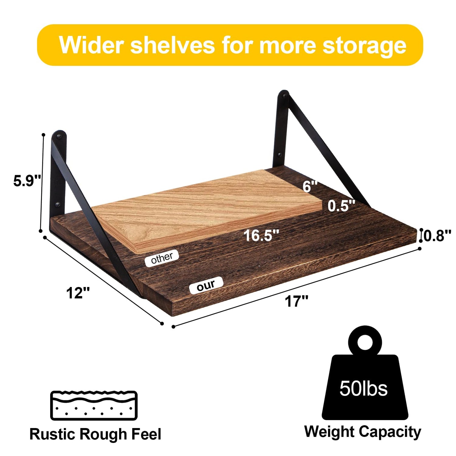 SAUMONIERES Floating Shelves Wall Shelf for Decor Bedroom Bathroom Living Room Wood Mounted Wide Deep Storage, Rustic Brown Wall Shelves Set of 2 SAUMONIERES