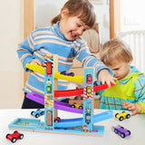 Montessori Toys for Toddlers, Children Race Track Toy with 4 Cars and 1 Wooden Parking Lot, Stable Base, Car Ramp Toy for 2 3 Year Old Boy Girl Gifts Heirio