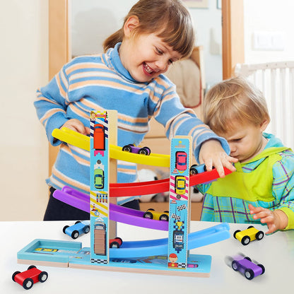 Montessori Toys for Toddlers, Children Race Track Toy with 4 Cars and 1 Wooden Parking Lot, Stable Base, Car Ramp Toy for 2 3 Year Old Boy Girl Gifts