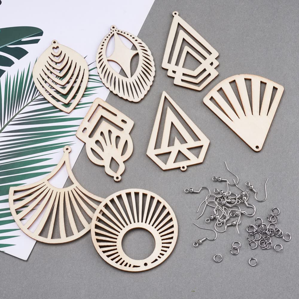 80pcs Natural Unfinished Wooden Earring Pendant 8 Styles Undyed Filigree Round Teardrop Blank Cutout Wood Dangle Earrings Kit with Jump Rings & Fish EEE ELECRELIVE