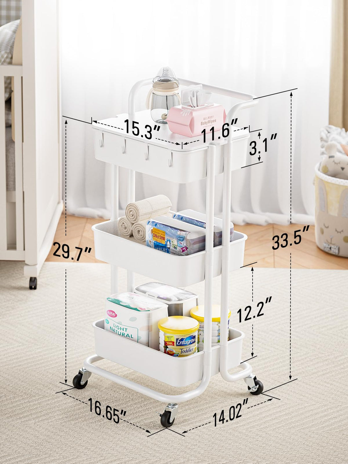 Pipishell 3 Tier Rolling Cart with Table Top, Utility Cart with Wheels & 4 Hooks, Rolling Storage Cart for Home Storage and Organization, White, Pipishell