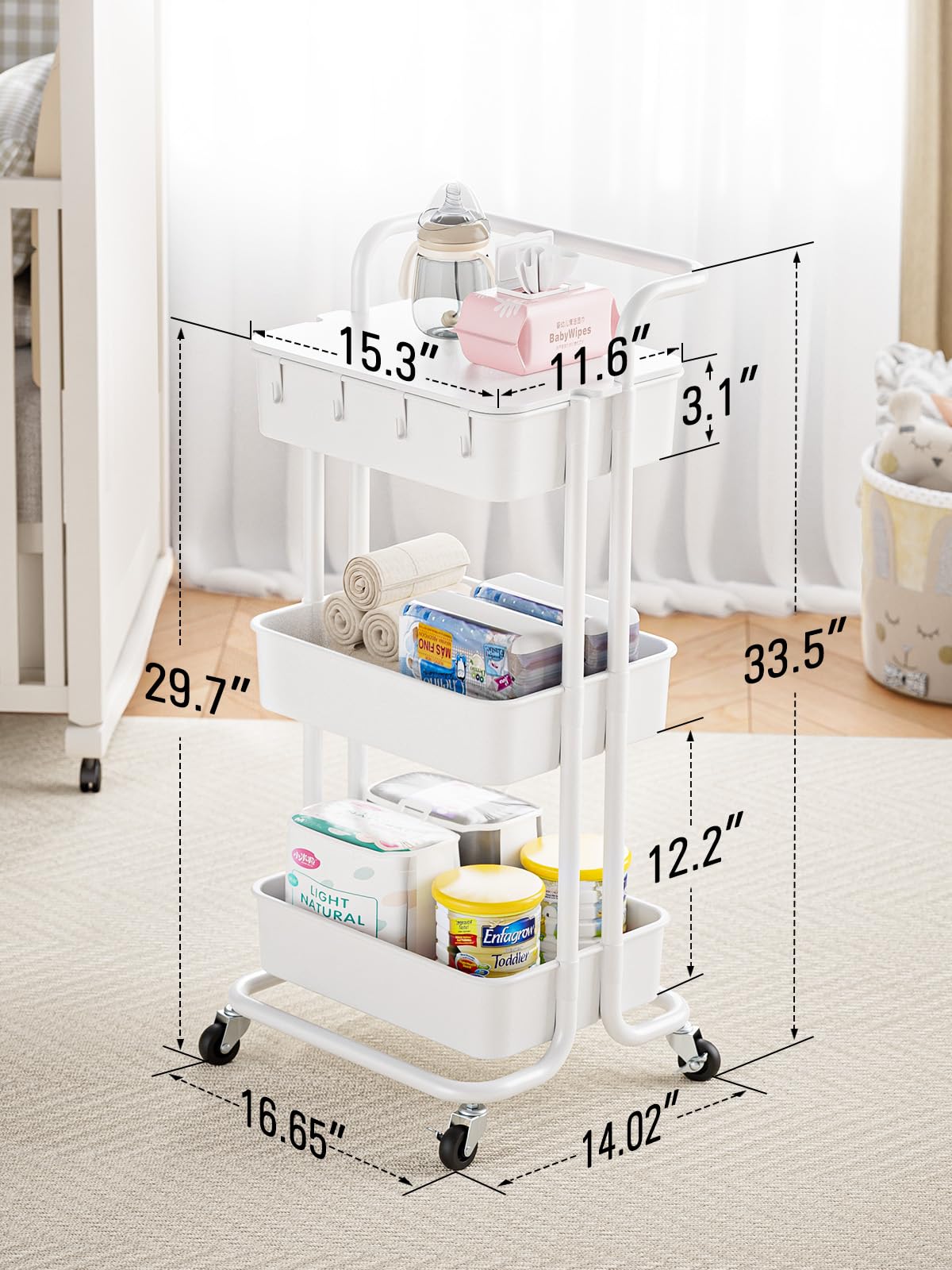 Pipishell 3 Tier Rolling Cart with Table Top, Utility Cart with Wheels & 4 Hooks, Rolling Storage Cart for Home Storage and Organization, White, Pipishell