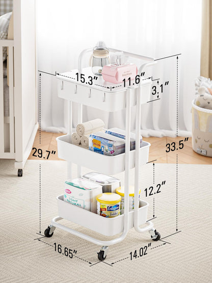 Pipishell 3 Tier Rolling Cart with Table Top, Utility Cart with Wheels & 4 Hooks, Rolling Storage Cart for Home Storage and Organization, White, - WoodArtSupply