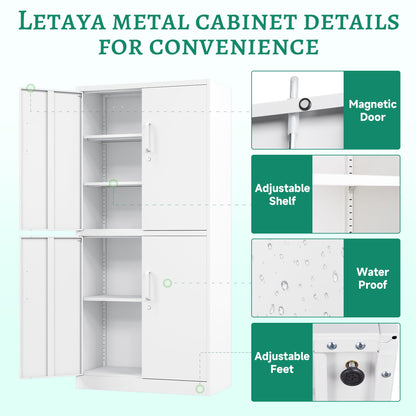 Letaya Metal Storage Cabinet with Lock Door, Adjustable Shelf Steel Cabinets for Office, Home,Pantry,Kitchen,Garage Utility Cabinet (4 Door-White)