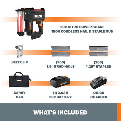 Worx WX840L 20V Power Share Cordless 18 Gauge Nail & Staple Gun - WoodArtSupply