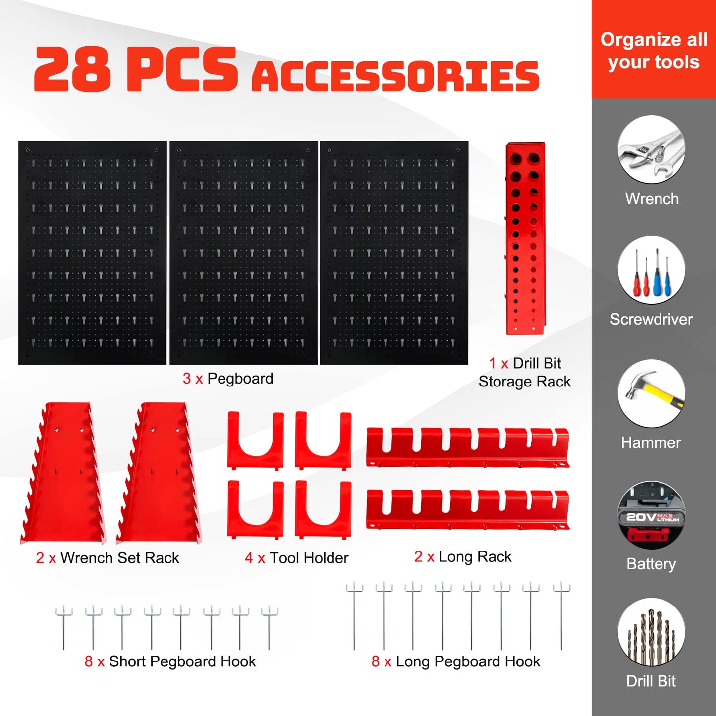 Goplus Pegboard Wall Organizer, 4ft Metal Garage Pegboard Tool Organizer w/3 Pegboards, Drill Bit Rack, Wrench Rack, Hooks Accessories, Wall-Mounted - WoodArtSupply