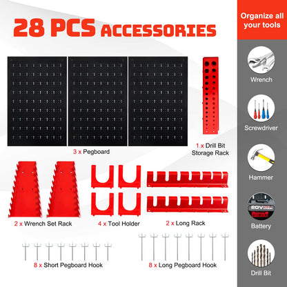 Goplus Pegboard Wall Organizer, 4ft Metal Garage Pegboard Tool Organizer w/3 Pegboards, Drill Bit Rack, Wrench Rack, Hooks Accessories, Wall-Mounted - WoodArtSupply