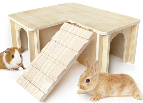 Chngeary Guinea Pig Hideout and House: Multi Chamber Wooden Guinea Pig Castle with Ladder, Cage Accessories for Chinchilla Dwarf Rabbits Hamster Chngeary