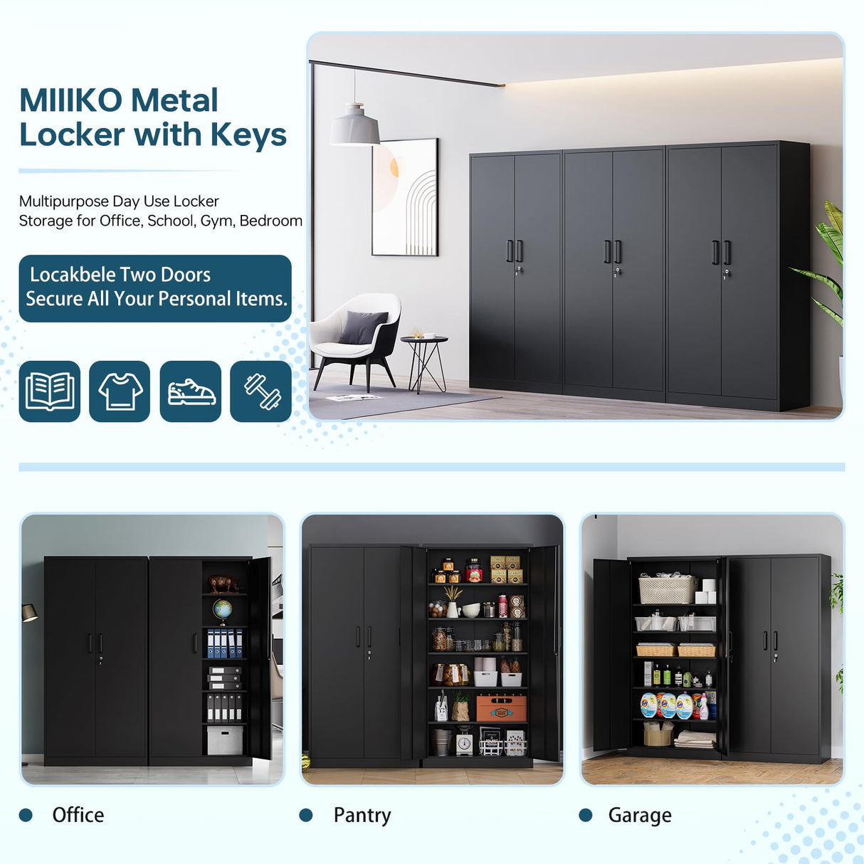 MIIIKO Black Garage Storage Cabinet with Doors and 5 Shelves, 72" Tall Steel Cabinet Tool Storage, Lockable Metal Utility Cabinet for Garage, Office, MIIIKO