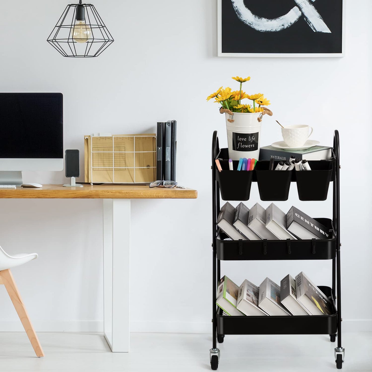 danpinera 3-Tier Rolling Cart, Metal Rolling Storage Cart with Lockable Wheels & Hanging Cups & Hooks, Mobile Trolley Cart for Kitchen, Bathroom, danpinera