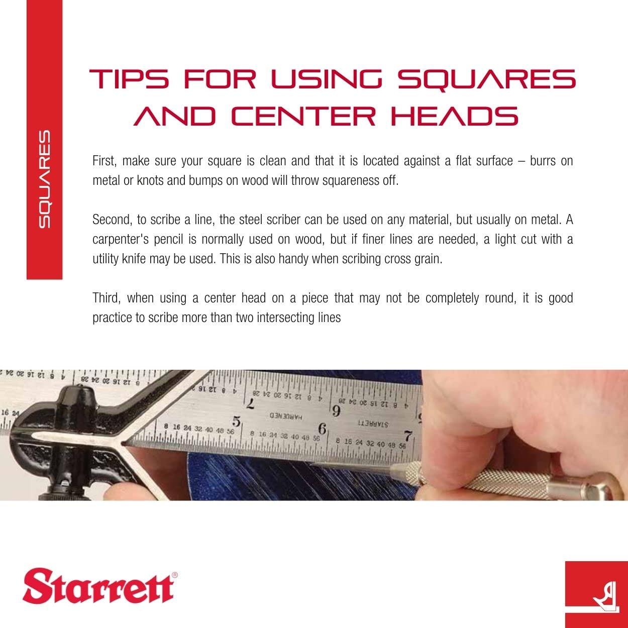 Starrett Steel Combination Square with Square Head - 12" Blade Length, Forged and Hardened Steel Heads, Reversible Lock Bolt, Scriber, 16R Graduation Starrett