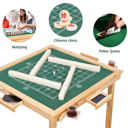 MJTABLE Multifunction Mahjong Table, Folding Card Table with Plush Top, Party Gathering Game Table with 4 Cup Holders & 4 Drawer, 35" Wood