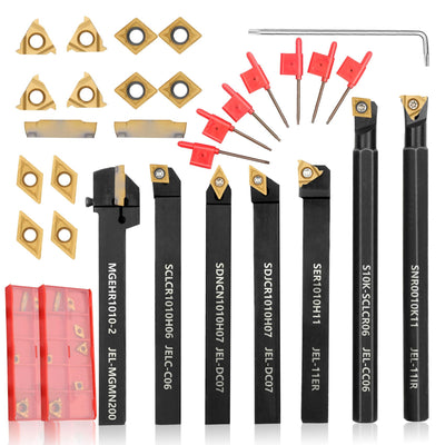 JOOGTO Indexable Lathe Turning Tool 21Pcs Kit 3/8'' 10mm Shank 7Pcs Metal Lathe Tools Holder Set with 14Pcs Turning Inserts for Turning Grooving