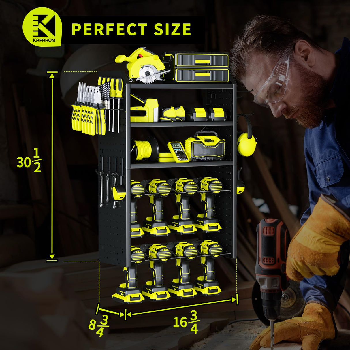 KAFAHOM Power Tool Organizer,Large 8 Drill Holder Wall Mount with 2 Side Pegboards,5 Layer Metal Tool Storage Rack with 12 Hooks,Tool Shelf for KAFAHOM